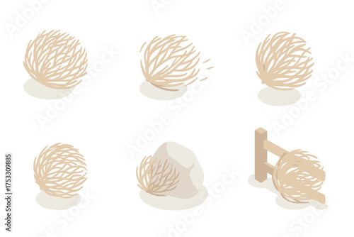 Tumbleweed Motion Sequence. Isometric vector illustration set Tumbleweed motion sequence: tumbleweed still, tumbleweed rolling