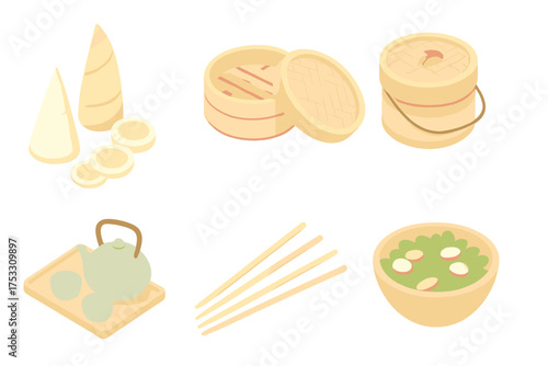 Bamboo Culinary Collection. Isometric vector illustration set Bamboo culinary uses: bamboo shoots sliced, bamboo steamer basket,