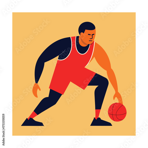 Basketball player dribbling ball on orange background Keywords: basketball, player, sport