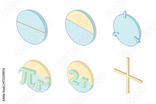 Circle Geometry Set. Isometric vector illustration set Circle Geometry with Pi: circle with diameter line, circumference arc