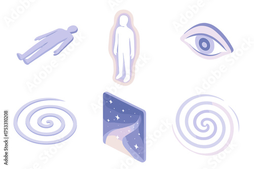 Astral Journey Icons. Isometric vector illustration set Astral Projection and Subconscious: floating human silhouette, glowing