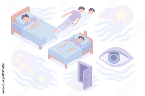 Lucid Dreaming Icons. Isometric vector illustration set Lucid Dreaming: person sleeping in bed, floating above body, glowing star