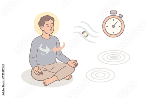 Mindful Breathing Icons. Isometric vector illustration set Mindful Breathing: person sitting cross-legged, inhale exhale arrows