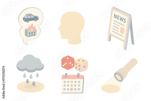 Availability Heuristic Icons. Isometric vector illustration set Availability Heuristic: human head bubble with recent events, news