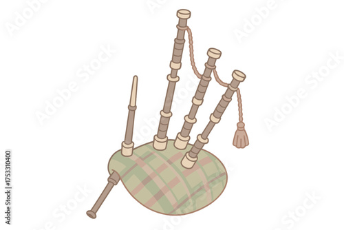 Scottish Bagpipe Illustration. Isometric vector illustration set Bagpipe Instrument: traditional Scottish bagpipe with tartan bag,