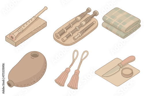 Bagpipe Craftsmanship Icons. Isometric vector illustration set Bagpipe Craftsmanship: wood chanter carved, drone pipes polished,