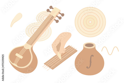 Sitar Sound Resonance. Isometric vector illustration set String Resonance: sitar vibrating strings, sound waves rippling outward,