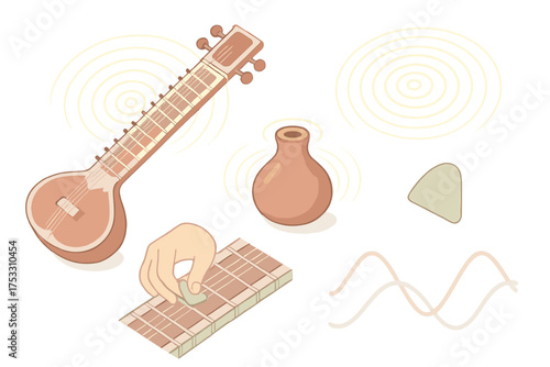 Sitar Sound Resonance. Isometric vector illustration set String Resonance: sitar vibrating strings, sound waves rippling outward,