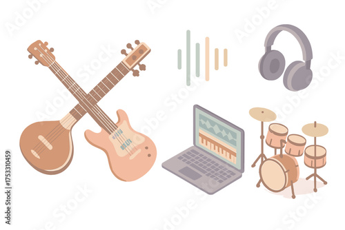 Fusion Music Harmony. Isometric vector illustration set Fusion Music with Sitar: sitar crossing with electric guitar, digital