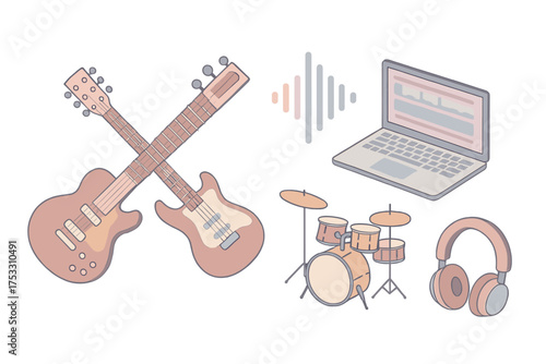 Fusion Music Harmony. Isometric vector illustration set Fusion Music with Sitar: sitar crossing with electric guitar, digital