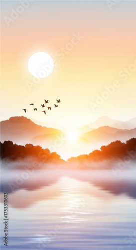 Serene Sunrise Over Misty Mountains An Ink Wash Painting of a Peaceful Dawn Landscape