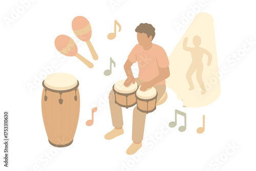 Latin Music Vibes. Isometric vector illustration set Latin Music with Bongos: musician seated with bongos, conga drum beside,