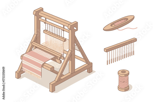 Traditional Loom Illustration. Isometric vector illustration set Traditional Loom: wooden loom frame, warp threads stretched tight