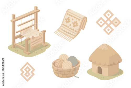 Cultural Textile Weaving. Isometric vector illustration set Cultural Textile Weaving: traditional loom outdoors, patterned tribal