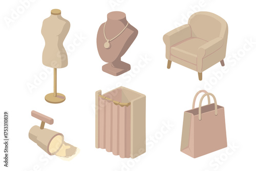 Luxury Display Showcase. Isometric vector illustration set Luxury retail showcase: display mannequin, velvet jewelry stand,