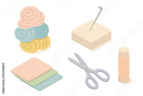 Felt Craft Essentials. Isometric vector illustration set Felt craft workshop: wool roving, felting needle, foam block, felt sheets