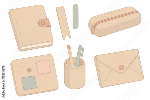 Soft Pastel Stationery. Isometric vector illustration set Felt stationery: notebook cover, bookmark, pencil case, pinboard, pen