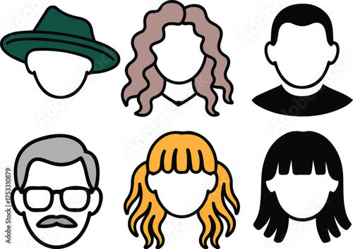 Diverse faceless people avatars with various hairstyles and accessories collection