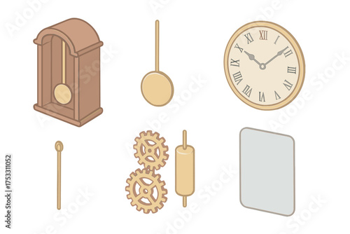 Craftsmanship Clock Elements. Isometric vector illustration set Craftsmanship details: wooden clock case, pendulum bob, brass dial