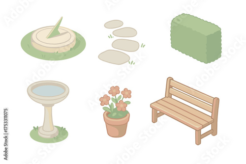 Outdoor Sundial Scenes. Isometric vector illustration set Outdoor sundial scenes: garden sundial, stone path, trimmed hedge,