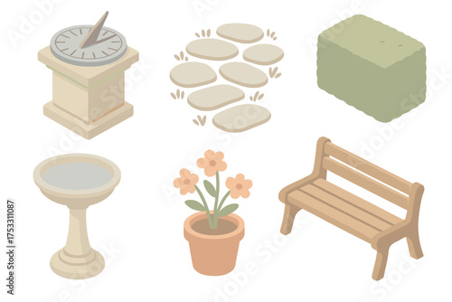 Outdoor Sundial Scenes. Isometric vector illustration set Outdoor sundial scenes: garden sundial, stone path, trimmed hedge,