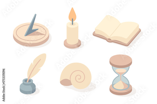 Time Symbolism Icons. Isometric vector illustration set Symbolism of time: sundial with shadow, candle flame, open book, feather