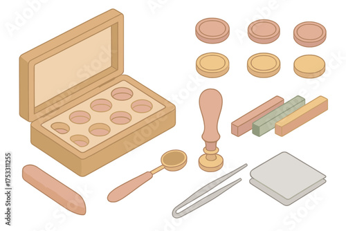 Collector's Wax Seal Kit. Isometric vector illustration set Collector’s wax seal kit: wooden box, multiple stamp heads, wax sticks