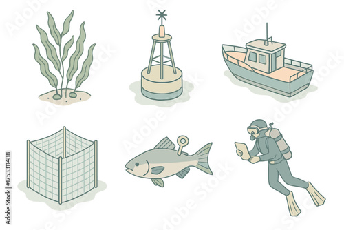 Marine Conservation Set. Isometric vector illustration set Marine conservation: kelp habitat, floating buoy, research boat, tagged