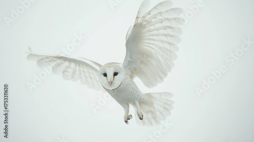 A white owl is flying; cloudy sky background; for animal or nature topics