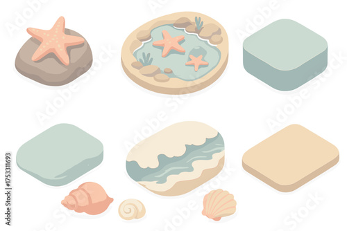 Starfish Tide Cycle. Isometric vector illustration set Starfish and tide cycle: starfish on rock, low tide pool, rising water,