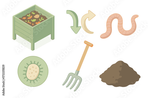 Composting Process Icons. Isometric vector illustration set Composting process: compost bin, decomposition arrows, worm, bacteria