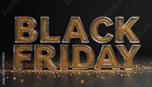 Black friday text filled with golden glitter against a dark background with bokeh effect