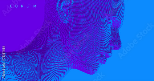 Abstract digital human head constructing from cubes. Minimalistic design for business presentations, flyers or posters. Technology and robotics concept. Voxel art. 3D vector illustration.