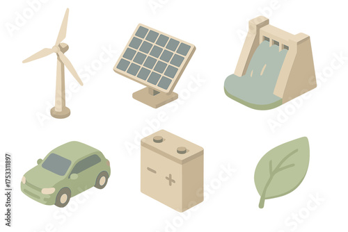 Renewable Energy Icons. Isometric vector illustration set Renewable energy mix: wind turbine, solar panel, hydro dam, electric car