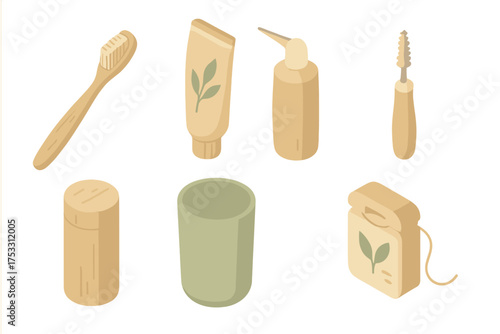 Sustainable Dental Hygiene Icons. Isometric vector illustration set Sustainable dental hygiene: bamboo toothbrush biodegradable