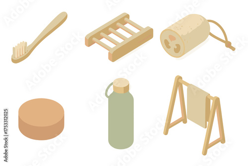 Eco-Friendly Bathroom Set. Isometric vector illustration set Natural bathroom set: bamboo toothbrush biodegradable handle, wooden