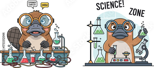 Cartoon platypus scientist in laboratory, funny animal experiment illustration, science discovery concept, chemistry design, creative artwork, educational theme, playful character