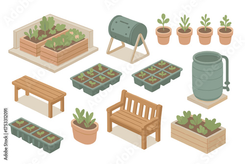 Urban Garden Icons. Isometric vector illustration set Urban community garden: rooftop planters, compost tumbler, herb pots, garden