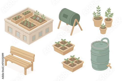 Urban Garden Icons. Isometric vector illustration set Urban community garden: rooftop planters, compost tumbler, herb pots, garden