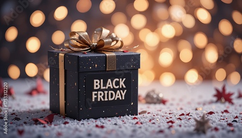 Close up of black friday gift box with gold ribbon on snow with bokeh background lights