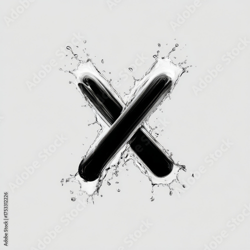 Dynamic "X" symbol with water splash, black and white, cancellation or error concept with copy space.