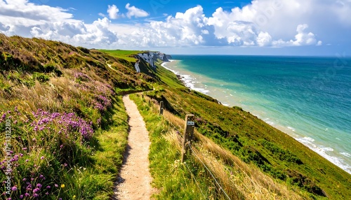A scenic coastal path winds along a grassy cliff edge, wildflowers bloom, leading to white cliffs meeting turquoise ocean. Bright sunny day