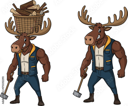 Cartoon moose lumberjack illustration, strong animal characters, funny forest workers, muscular design, whimsical artwork, logging theme, creative concept, playful anthropomorphic animals