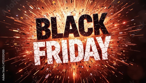 Black friday text with cracked effect and orange light burst in the background design