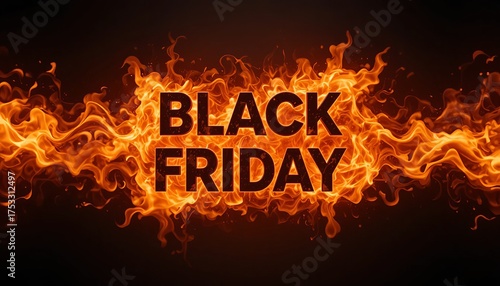 Black friday text surrounded by flames on dark background for promotional advertisement
