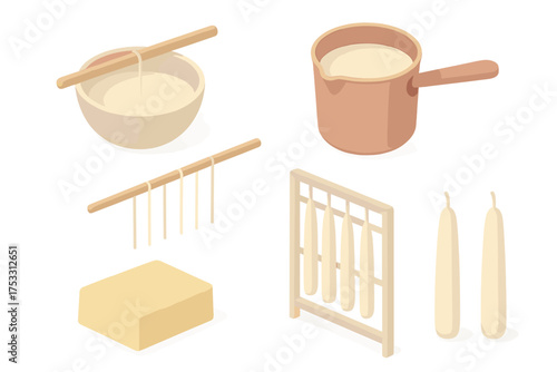 Traditional Candle Crafting. Isometric vector illustration set Traditional candle making: candle dip wick tallow, melting pot,