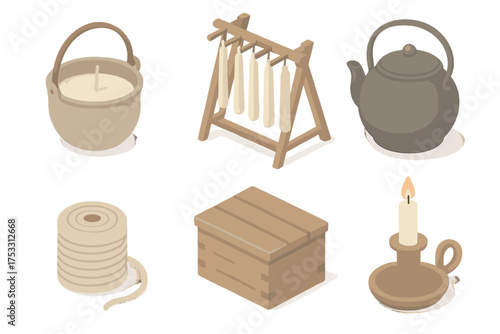 Candle Workshop Icons. Isometric vector illustration set Early candle workshop: candle dip wick tallow, iron kettle, drying frame,