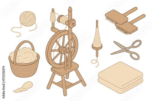 Artisan Spinning Workshop. Isometric vector illustration set Artisan spinning workshop: spinning wheel yarn thread, wool carders,