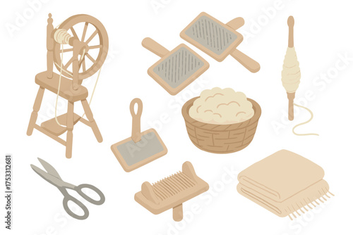 Artisan Spinning Workshop. Isometric vector illustration set Artisan spinning workshop: spinning wheel yarn thread, wool carders,