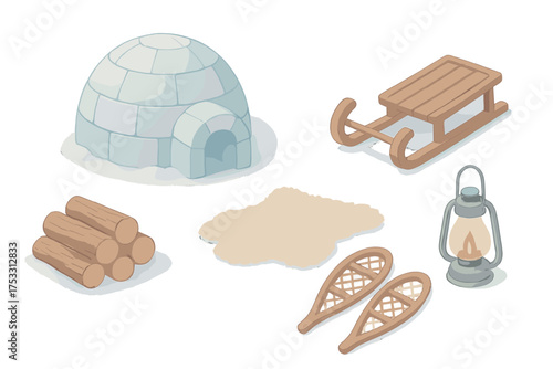 Snowy Igloo Essentials. Isometric vector illustration set Snowy landscape hut: igloo ice block shelter, sled, pile of logs,